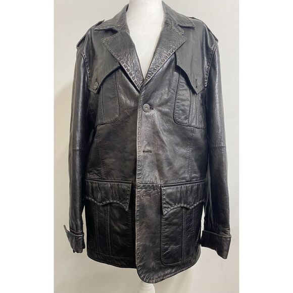 Mens Faconnable Soft Leather Flight Jacket Coat Black Medium Stitching Vtg Style - Picture 1 of 16